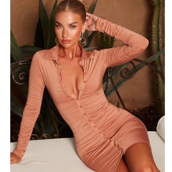 🍑 OH POLLY “Stay in Paradise” Collar Button-Down Mini Dress in Blush. Size US 6 - Picture 3 of 12